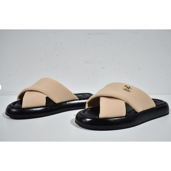 Chanel Beige Black Fabric Criss Cross Puffy CC Logo Slide Mule Sandal Flat 42 - Picture 10 of 12